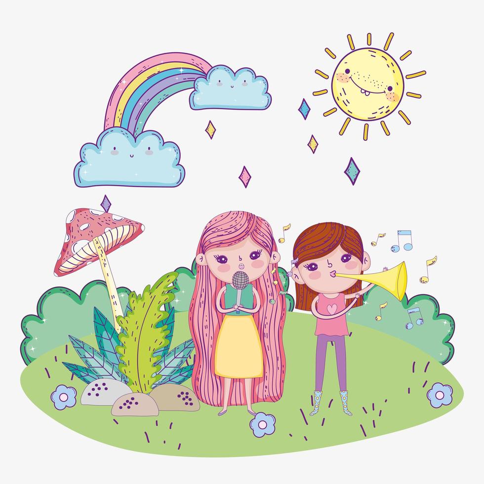 happy childrens day, girls sing with microphone and trumpet outdoors vector