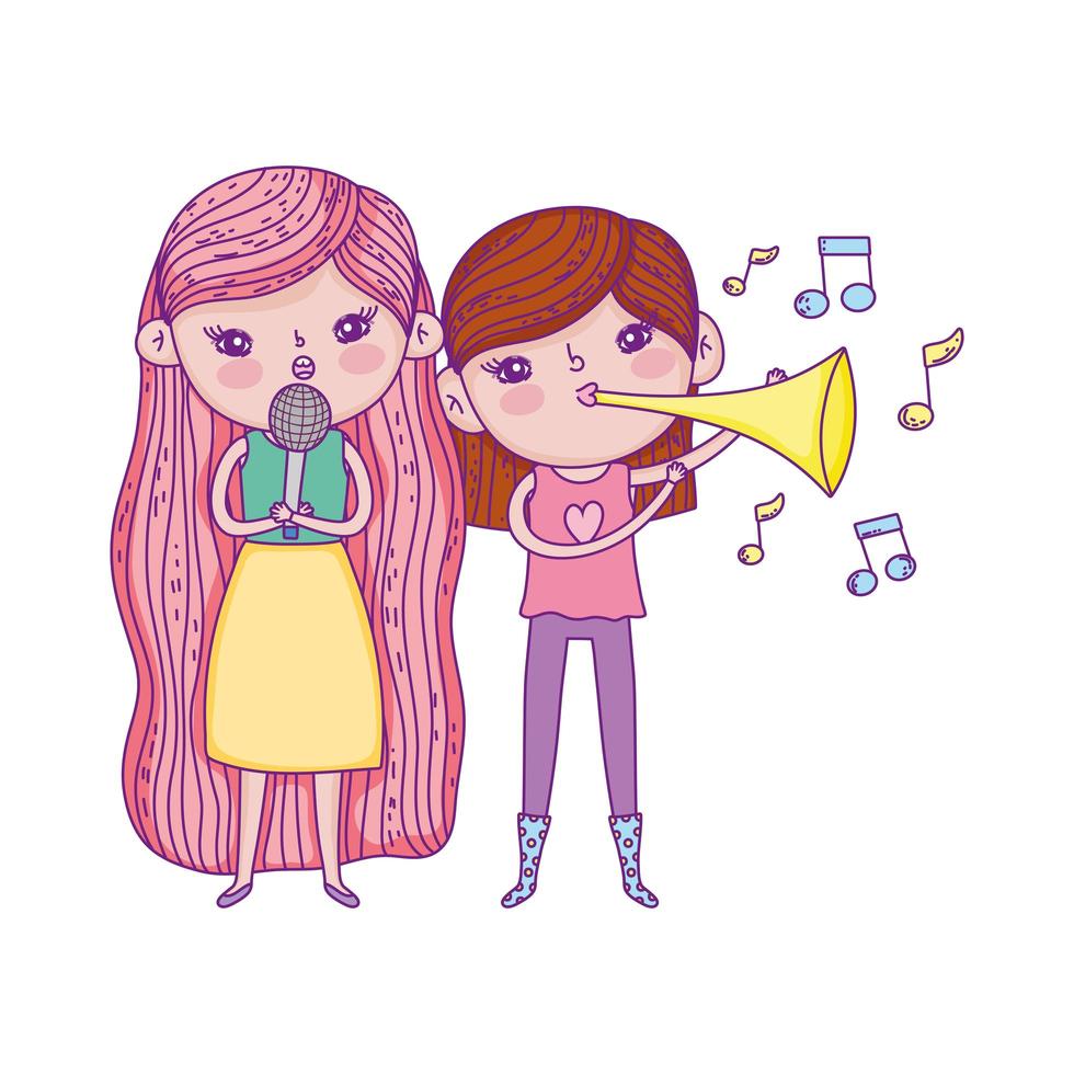 happy childrens day, girls sing with microphone and trumpet outdoors vector