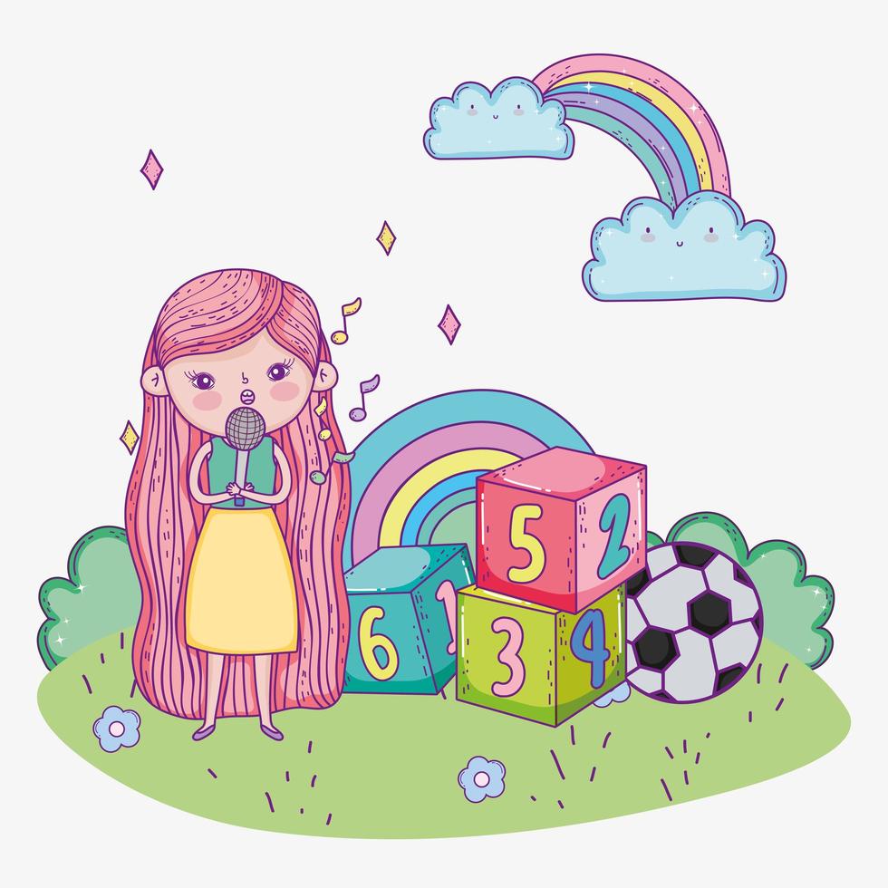 happy childrens day, cute girl sing with microphone block ball park vector