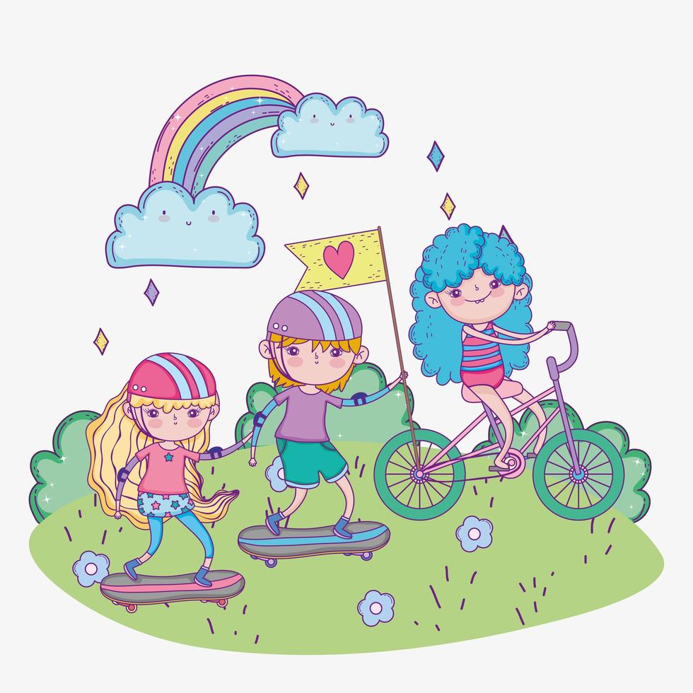 happy childrens day, kids riding bike and skateboards in the park vector