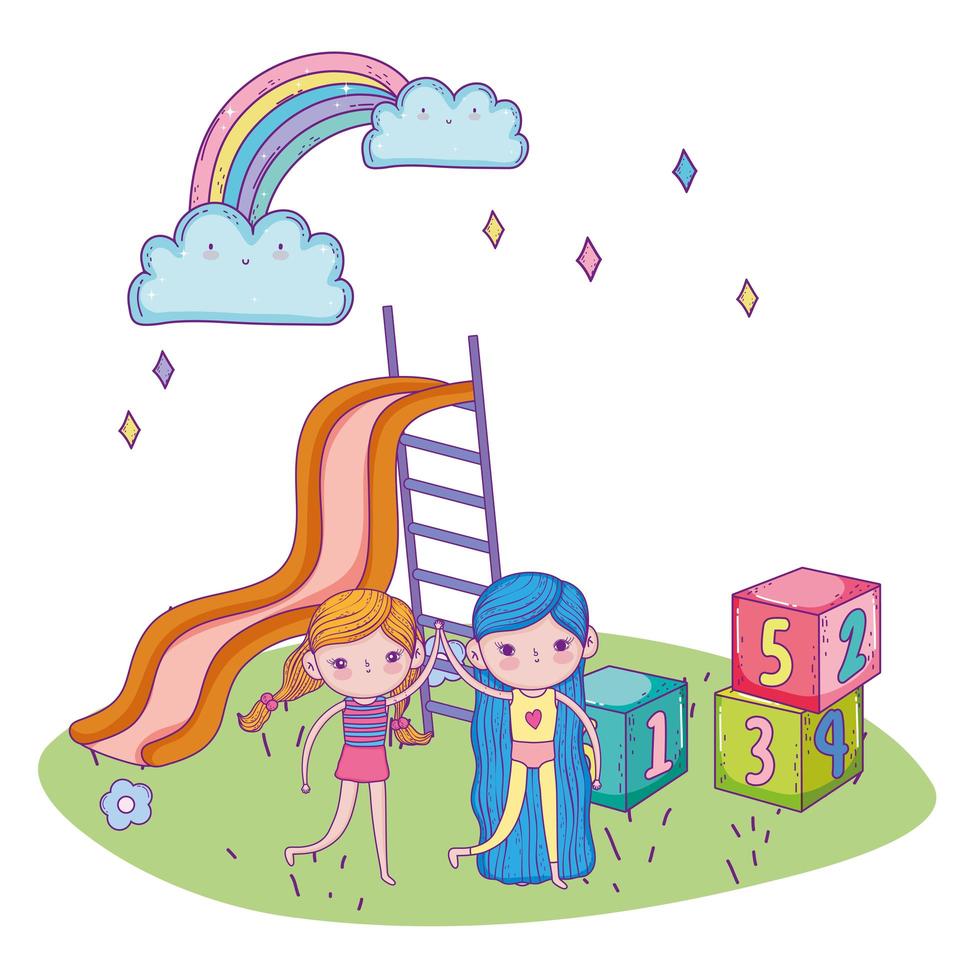 happy childrens day, friendly girls with slide blocks park vector