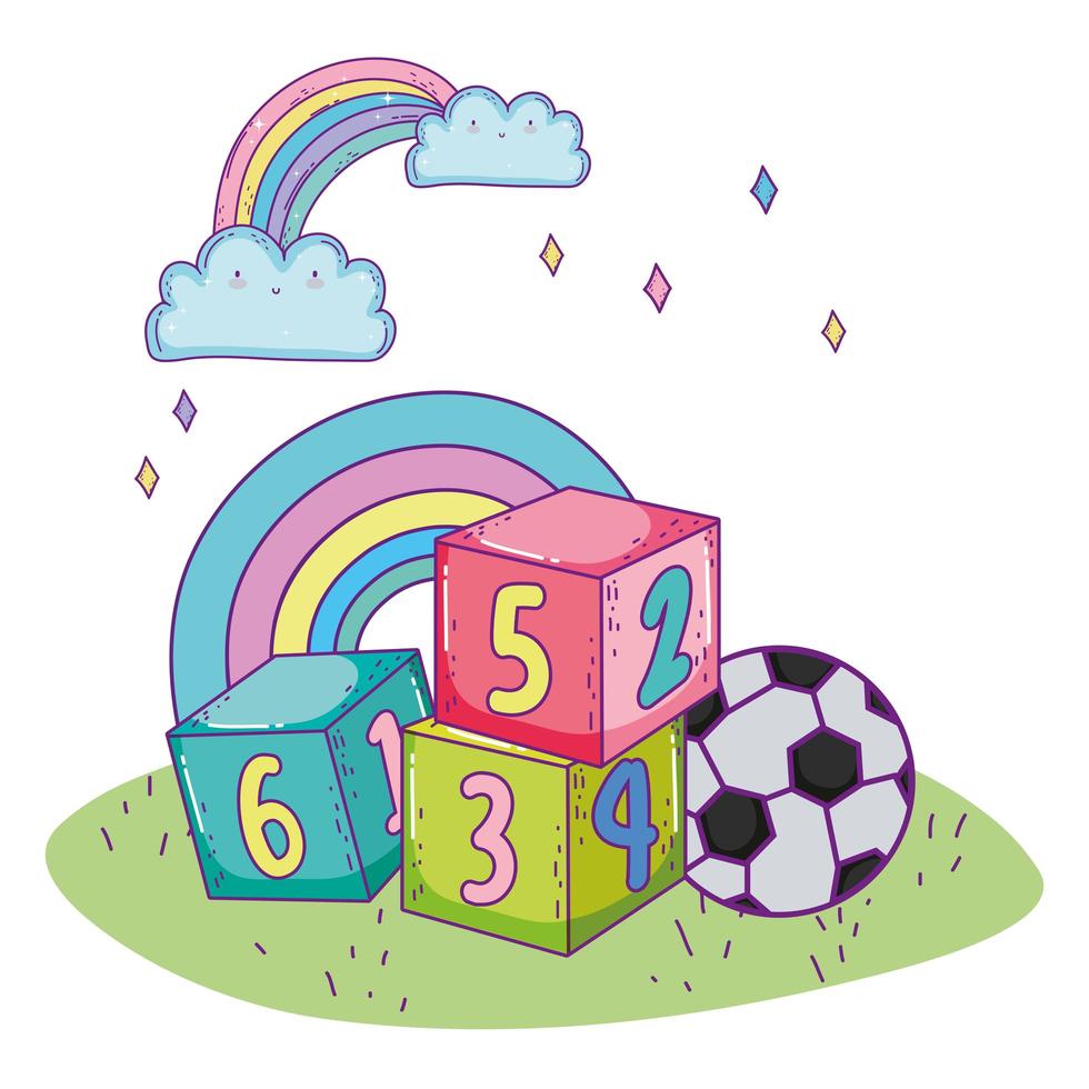 happy childrens day, numbers blocks soccer ball toys park vector