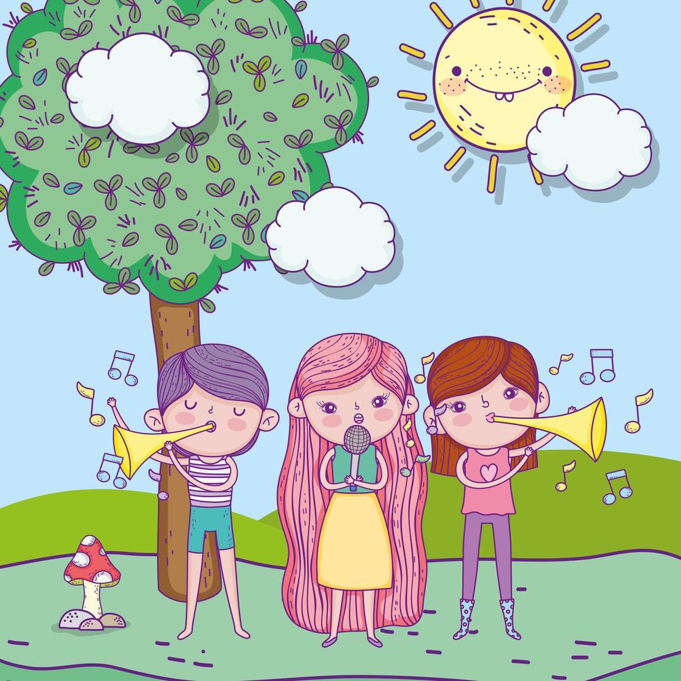 happy childrens day, kids with microphone and trumpet music park vector