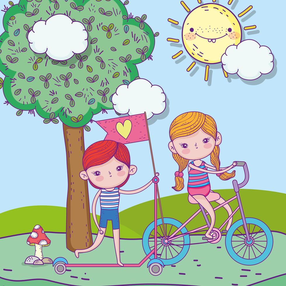 feliz día del niño, niño montando scooter y niña con bicicleta al aire libre vector