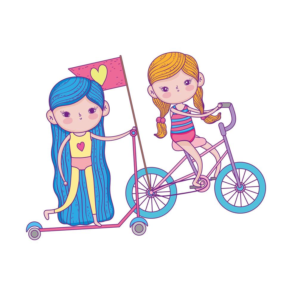 happy childrens day, cute girls riding bike and scooter in the park vector