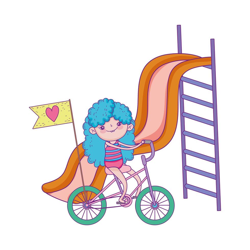 feliz día del niño, niña jugando en tobogán y niña montando bicicleta en el parque vector