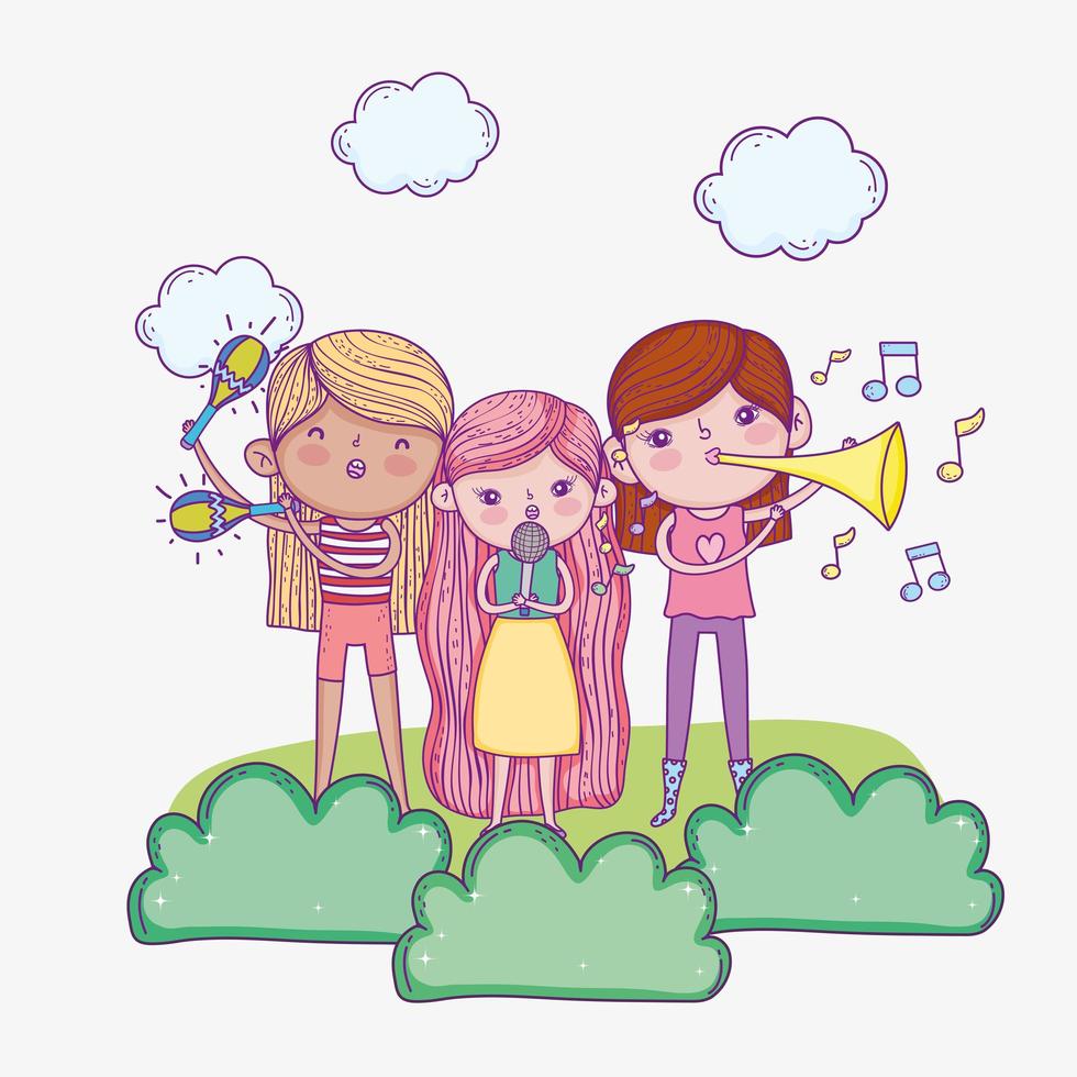 feliz día del niño, banda musical para niños con micrófono y trompetas. vector