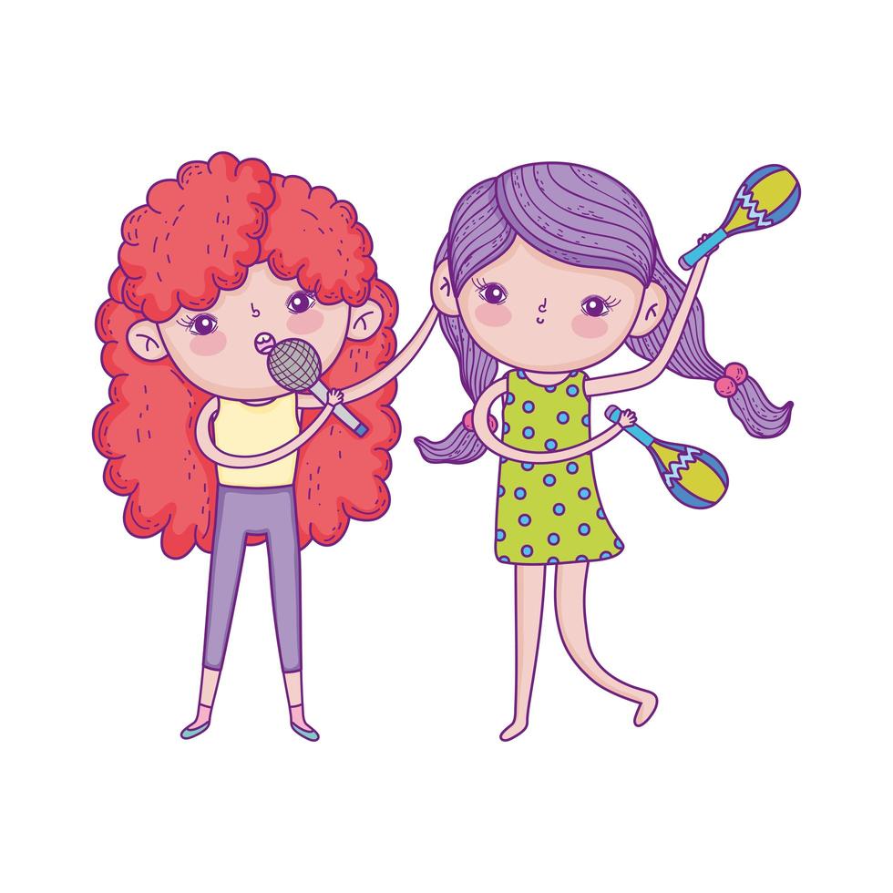 happy childrens day, little girls with microphone and maracas music vector