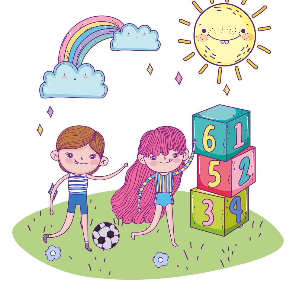 happy childrens day, boy and girl with soccer ball and numbers blocks park vector