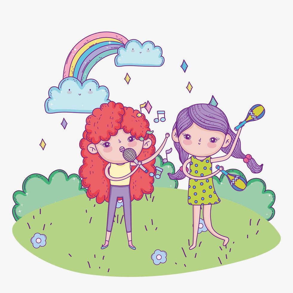 happy childrens day, girls with microphone and maraca music outdoor vector