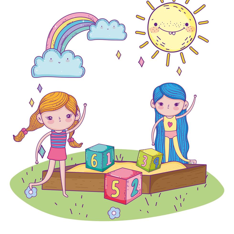 happy childrens day, girls in sandbox with numbers blocks park vector