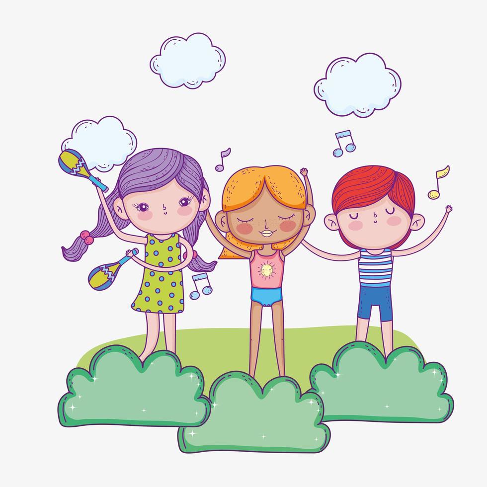 happy childrens day, cute girls and boy singing and musical instruments vector