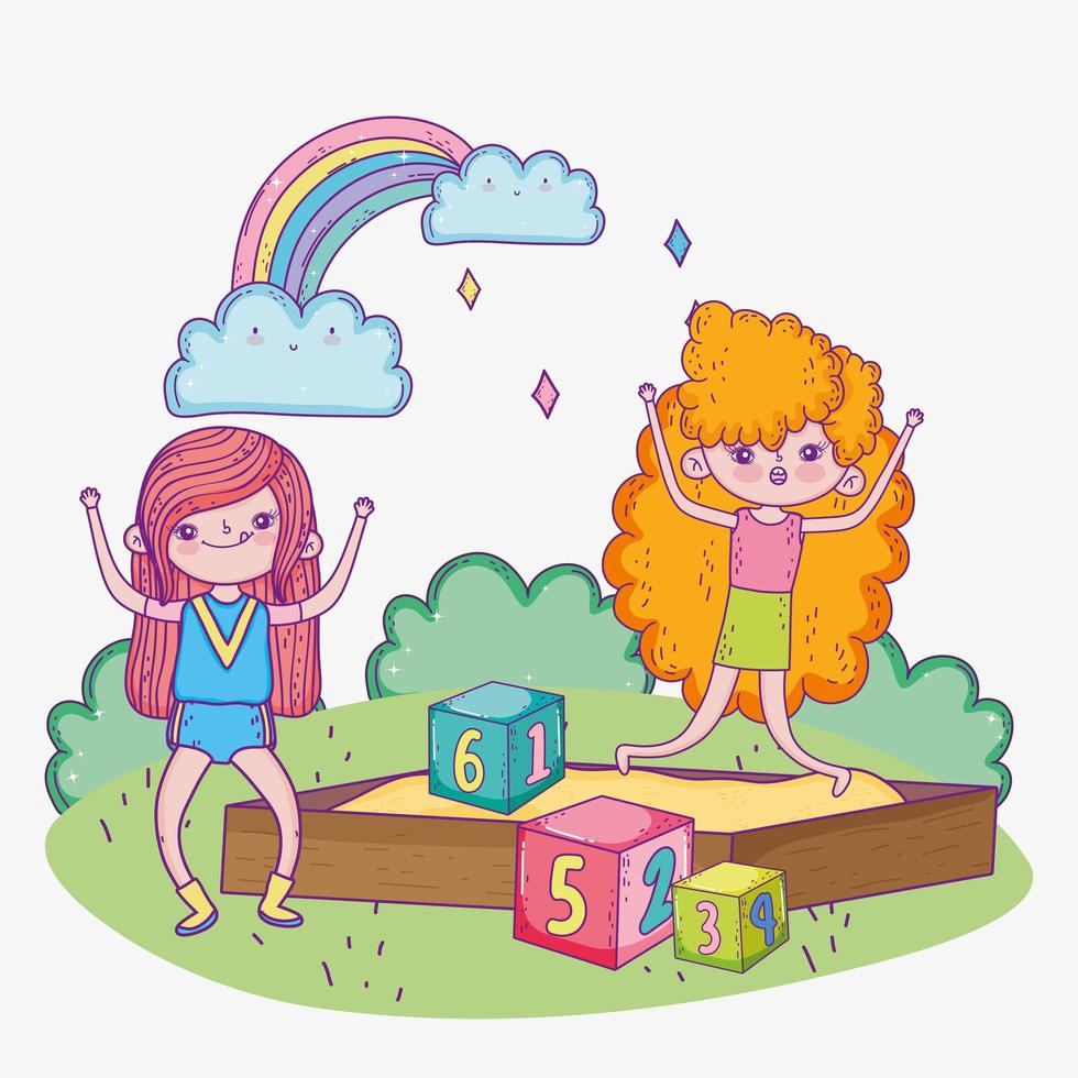 happy childrens day, girls playing in sandbox with blocks park vector