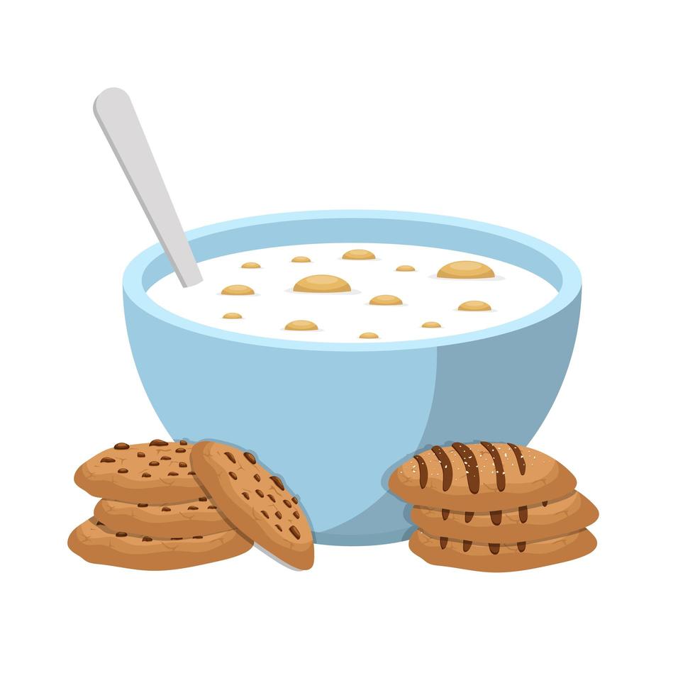 Tazón de cereales con leche ilustración vectorial diseño aislado sobre fondo blanco. vector