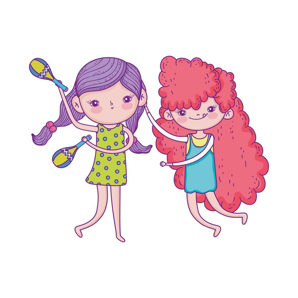 feliz día del niño, chicas con personajes de dibujos animados de música vector