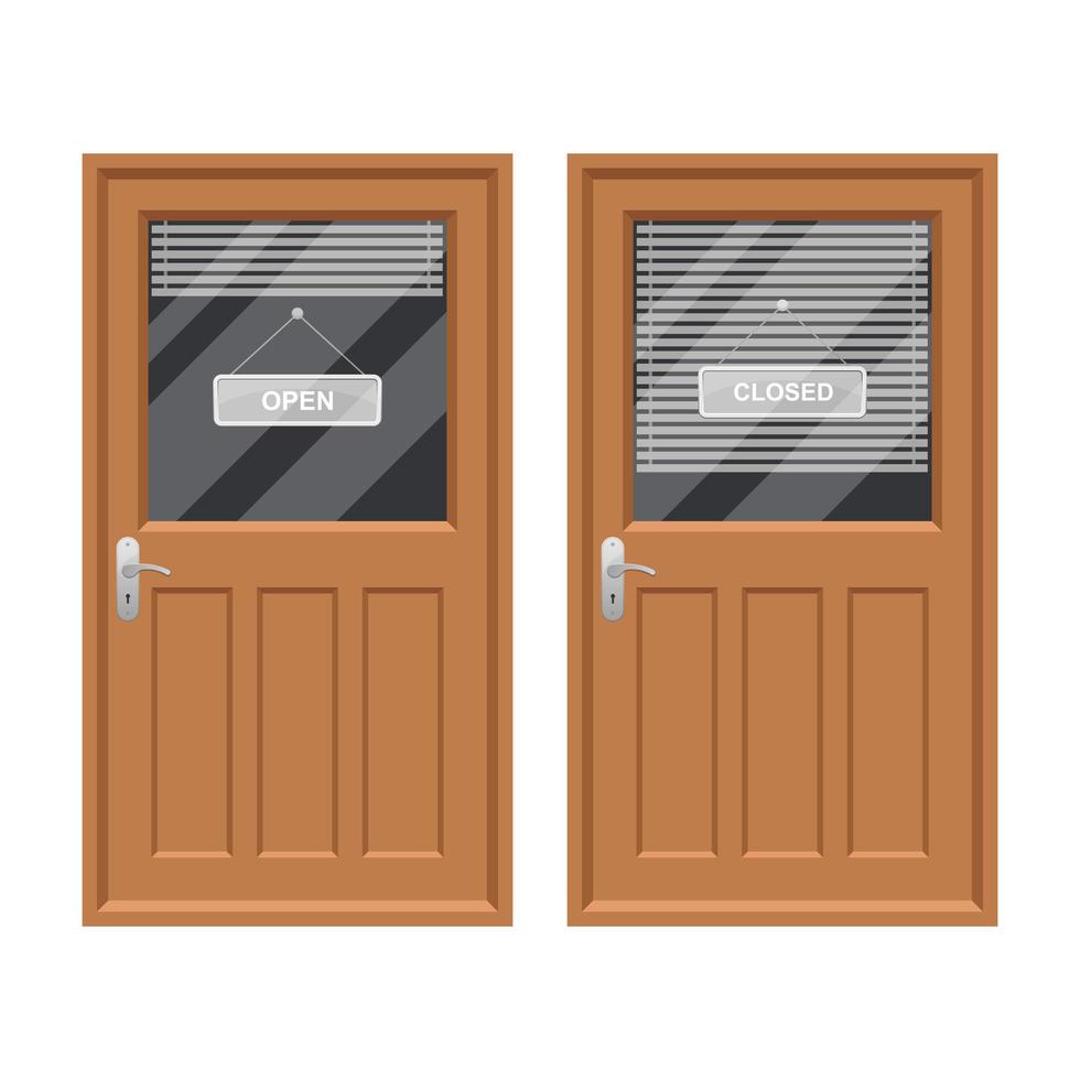 Puerta de la tienda con ilustración de diseño de vector de signo abierto y cerrado aislado sobre fondo blanco