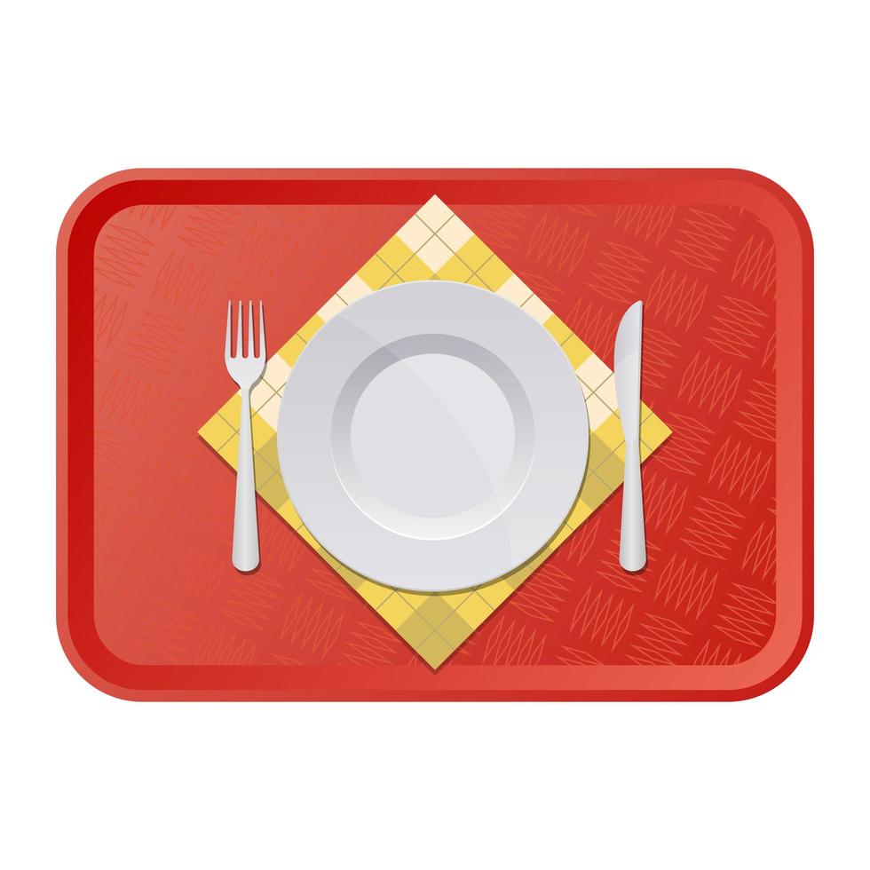 Bandeja de plástico con plato, tenedor y cuchillo ilustración de diseño vectorial aislado sobre fondo blanco. vector