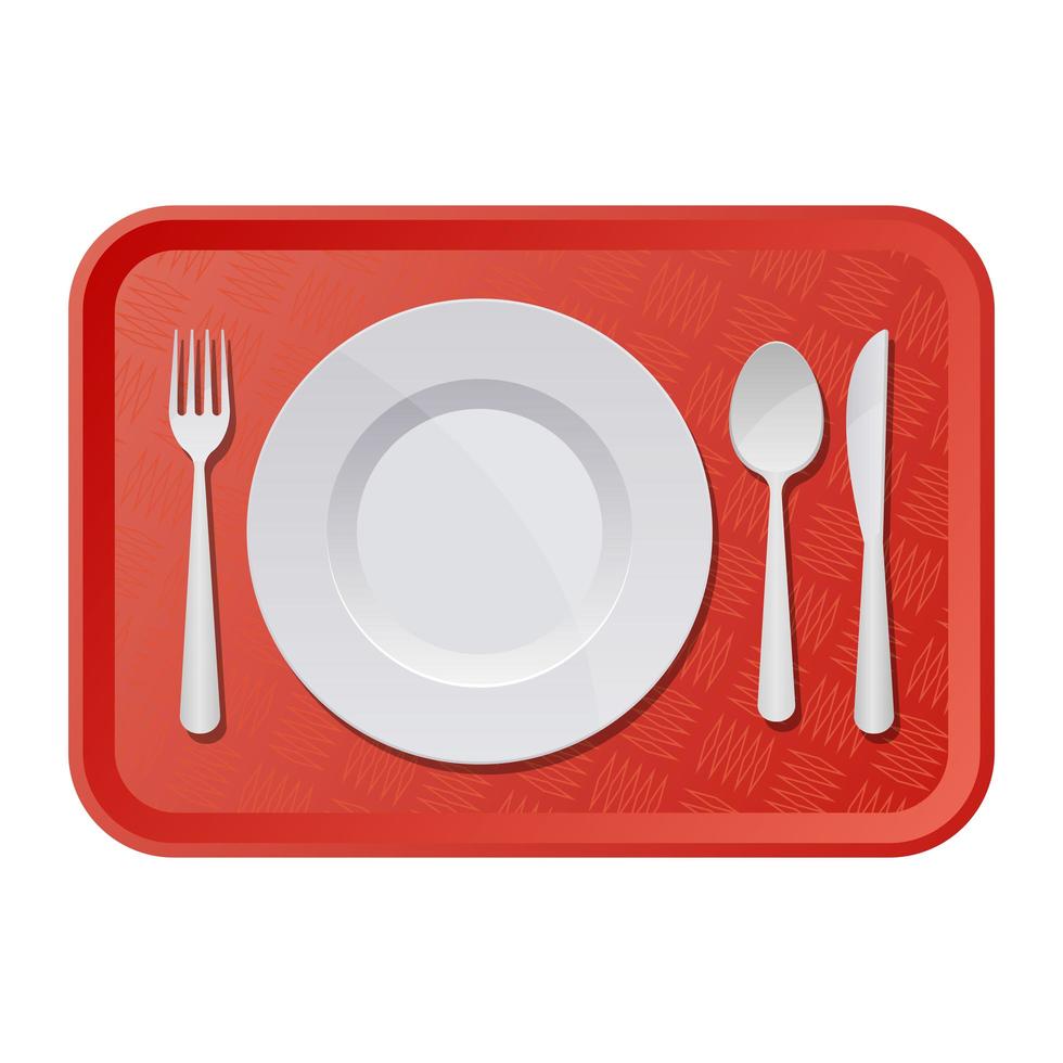 Bandeja de plástico con plato, tenedor y cuchillo ilustración de diseño vectorial aislado sobre fondo blanco. vector