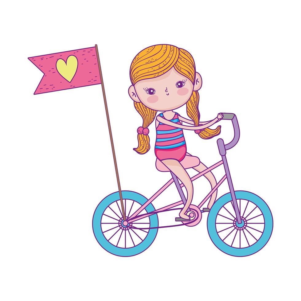 feliz día del niño, pequeña bicicleta con dibujos animados de amor de bandera vector