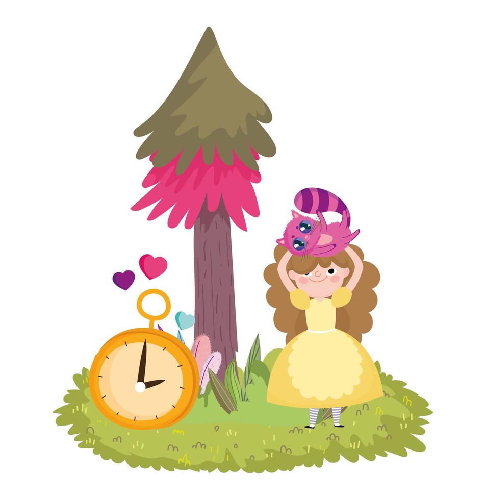 Chica con gato en la cabeza y follaje de árbol de reloj en el país de las maravillas vector