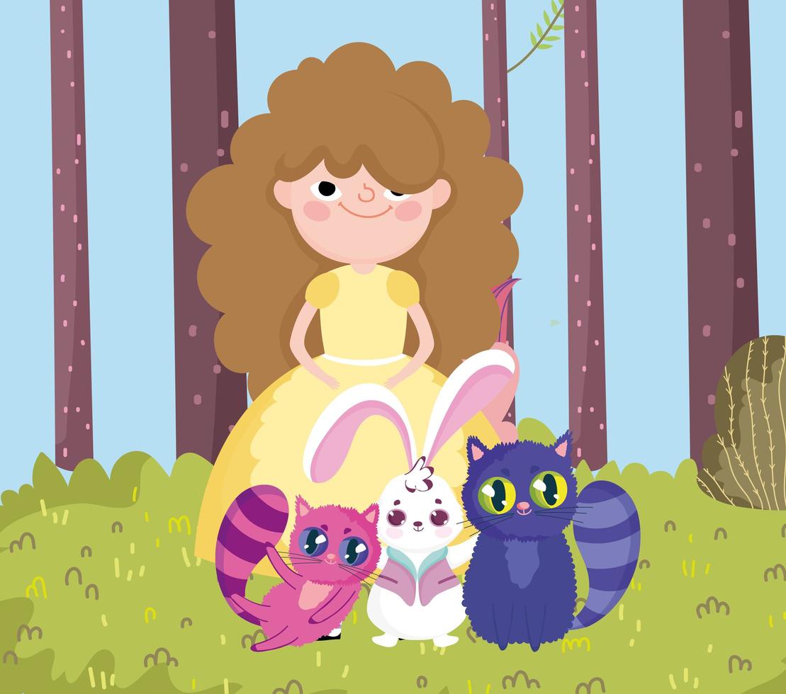 girl with cats and rabbit trees grass in wonderland vector