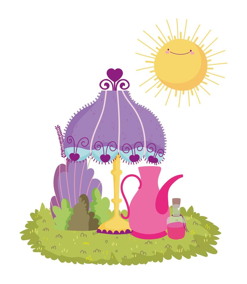 lamp teapot elixir bottle grass sun cartoon vector