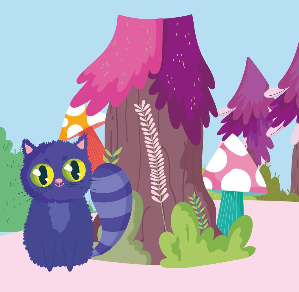 wonderland, cat mushroom tree nature cartoon vector