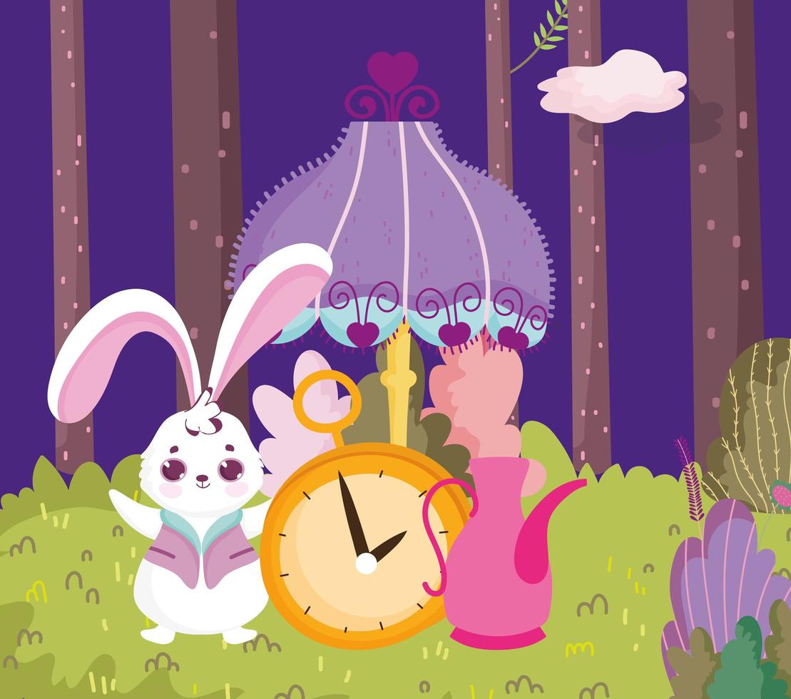 país de las maravillas, conejo reloj lámpara tetera bosque dibujos animados vector
