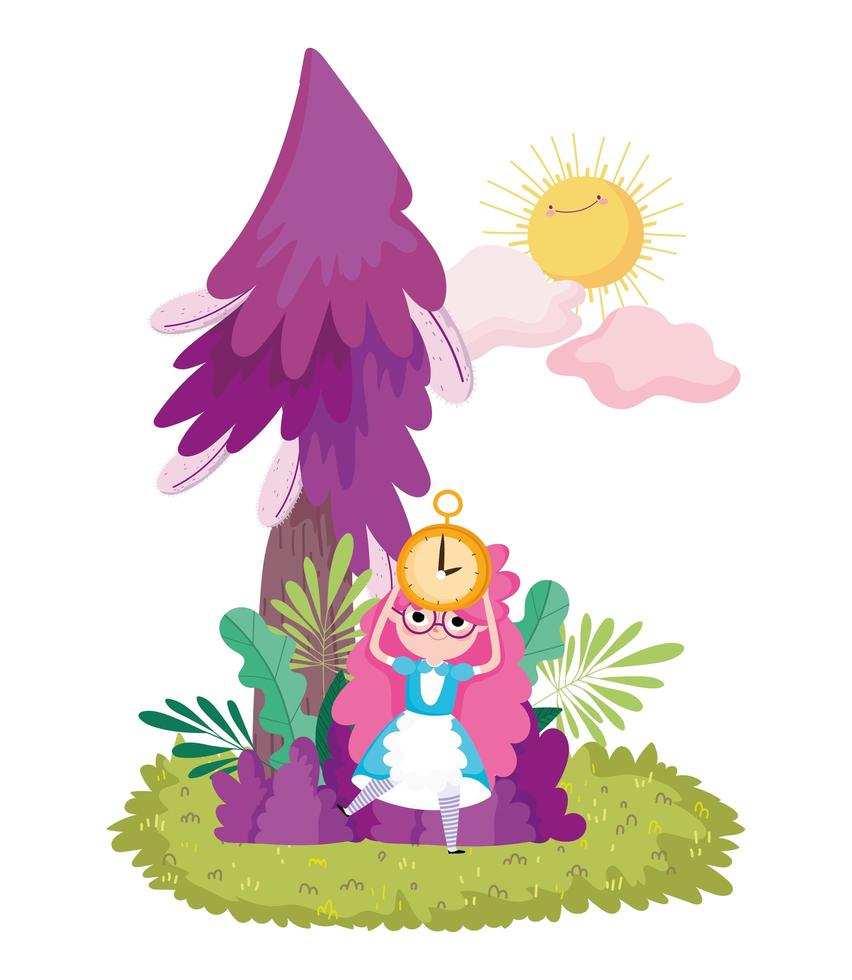 girl holding clock tree foliage sun clouds in wonderland vector