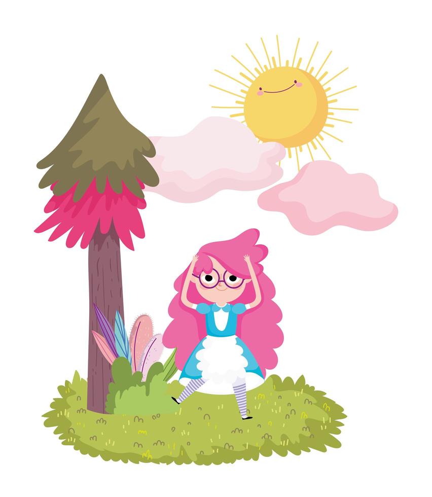 girl pine tree foliage grass sun clouds in wonderland vector