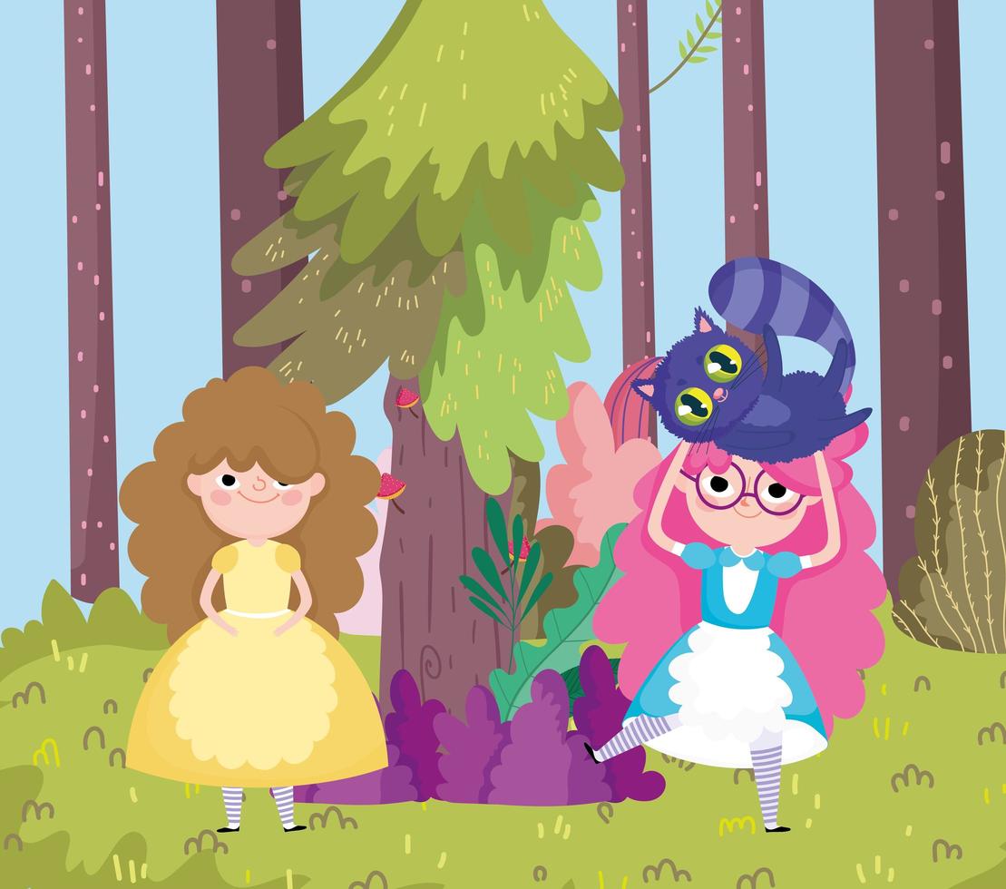 girl with cat tree forest meadow in wonderland vector