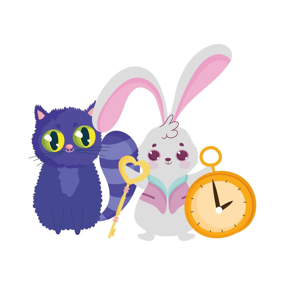 wonderland, cat and rabbit key clock cartoon characters vector