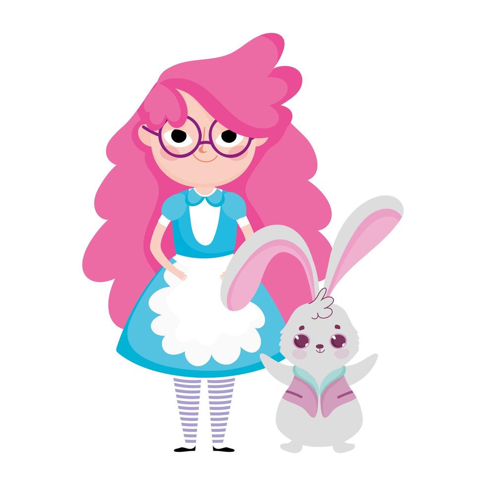 niña y conejo personajes de dibujos animados país de las maravillas vector