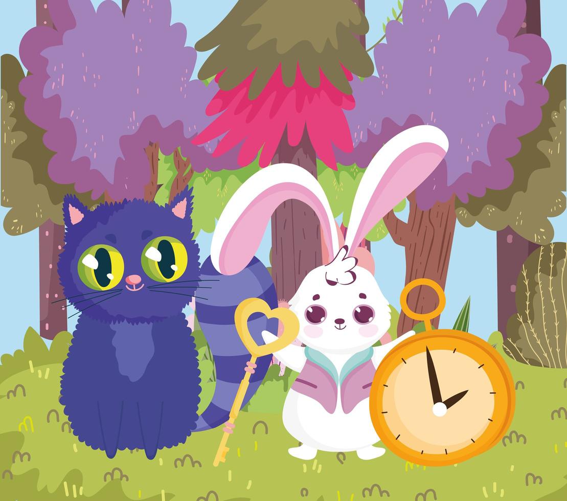 wonderland, cat and rabbit key clock trees forest grass vector