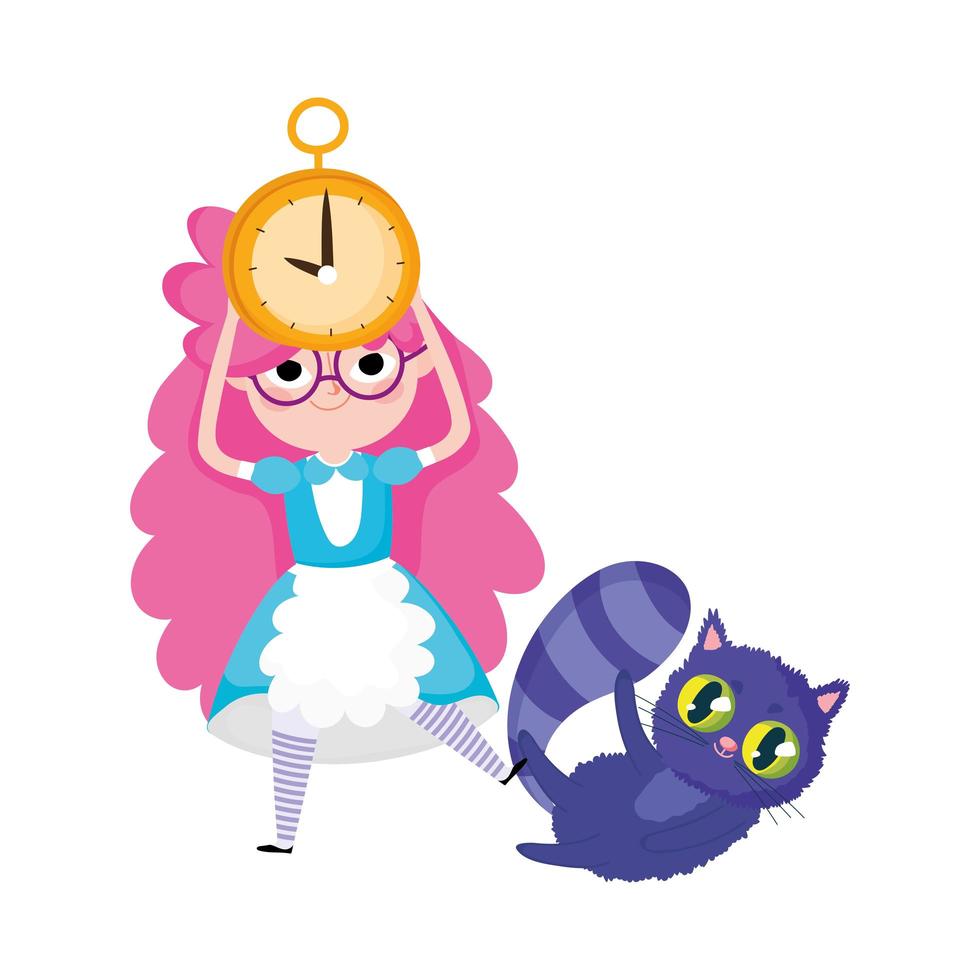 girl with cat in head and clock wonderland vector