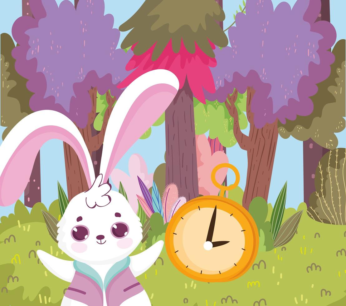 wonderland, rabbit and clock trees forest grass vector