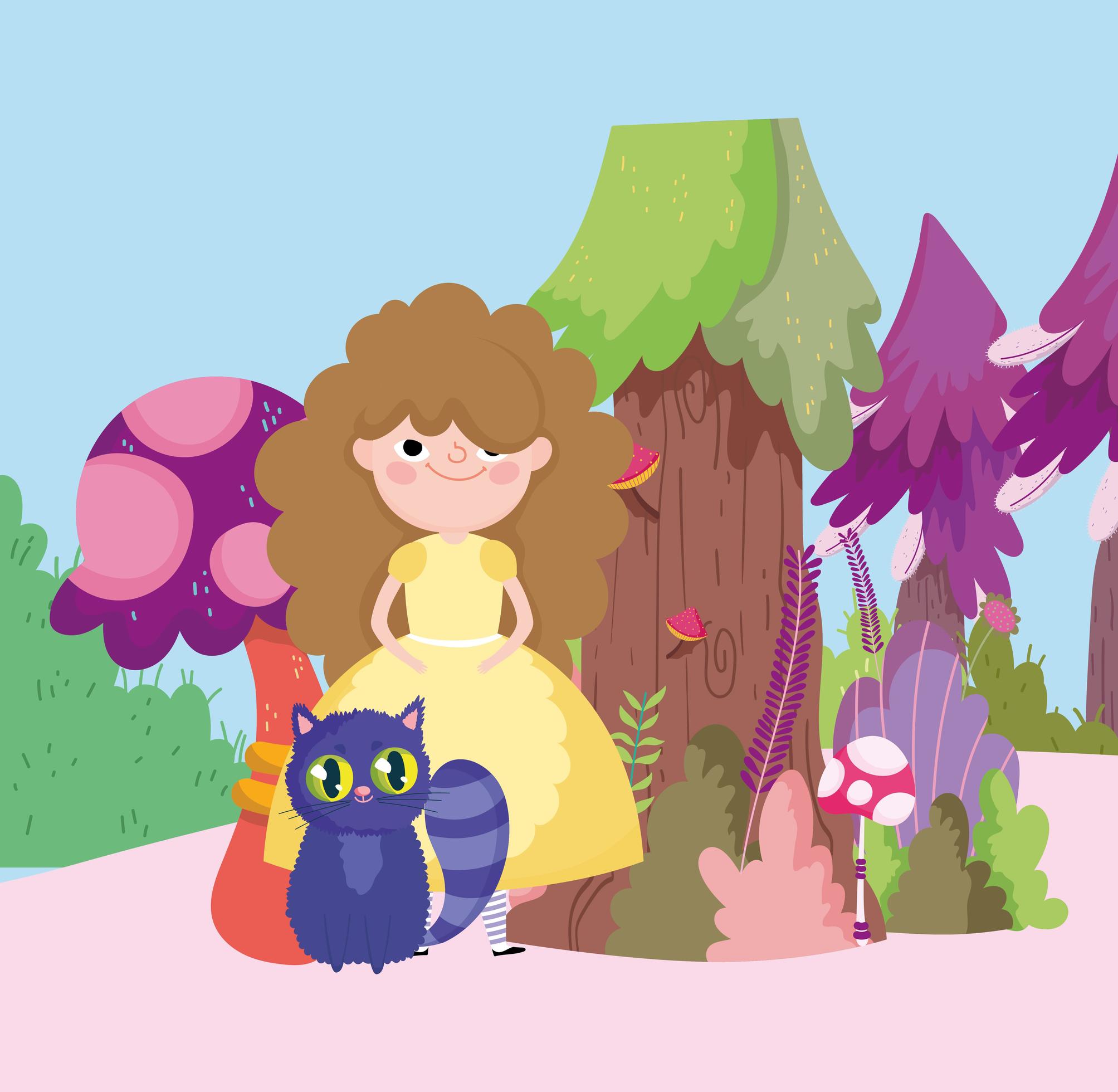 girl and cat tree greenery vegetation in wonderland 1844428 Vector Art