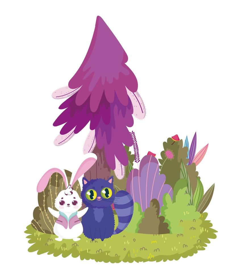 pradera de follaje de árbol de las maravillas, conejo y gato vector