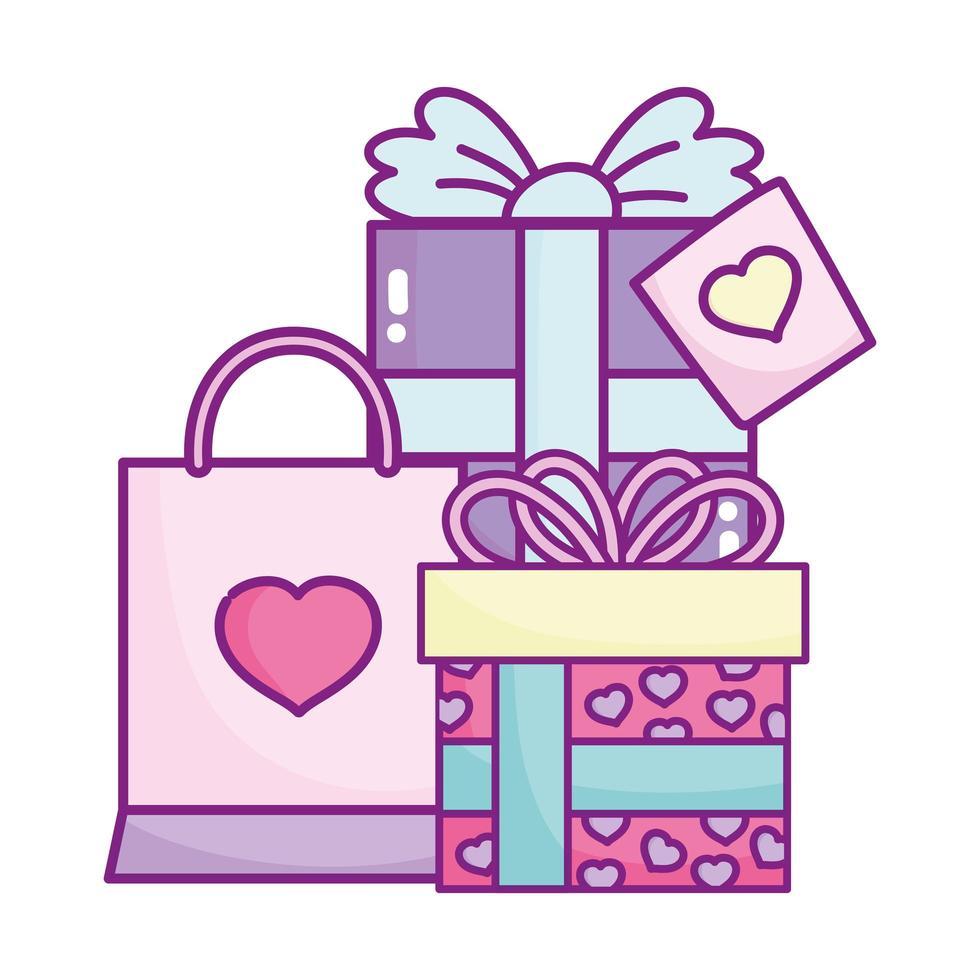 feliz día de san valentín, cajas de regalo y bolsa de compras, celebración de amor vector