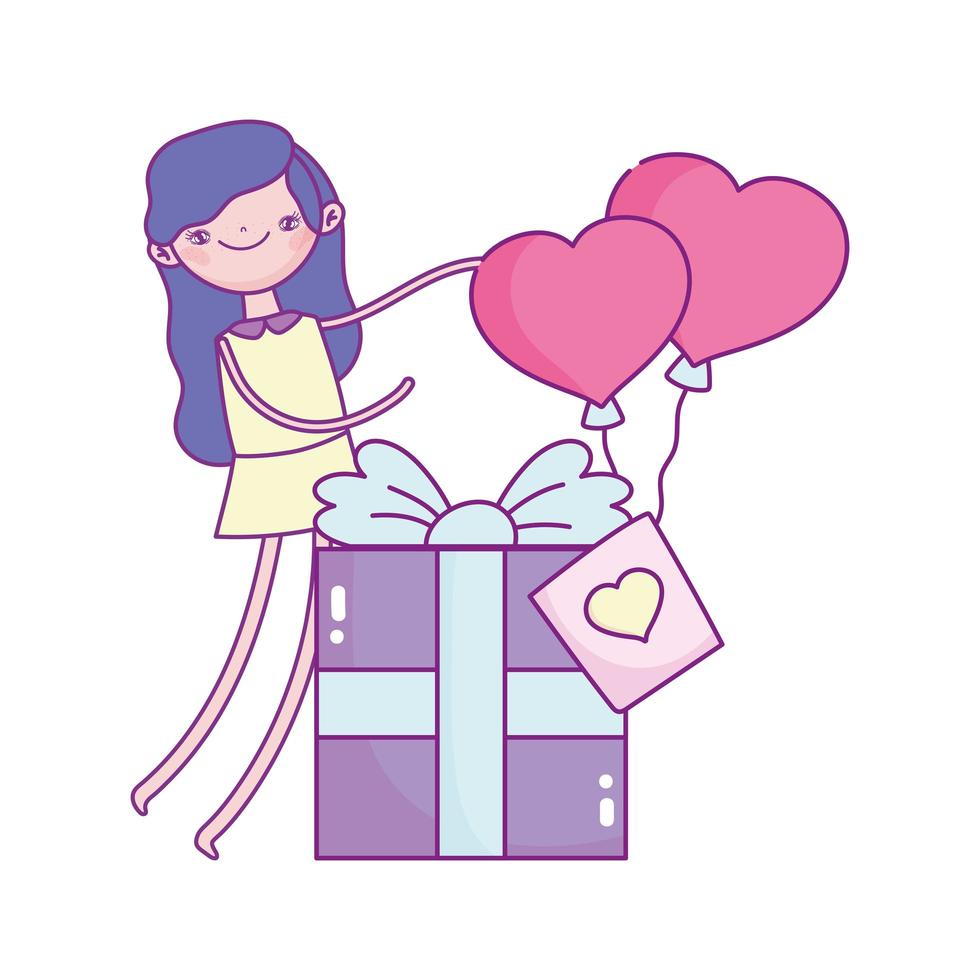 happy valentines day, girl with gift box and balloons shaped hearts love vector
