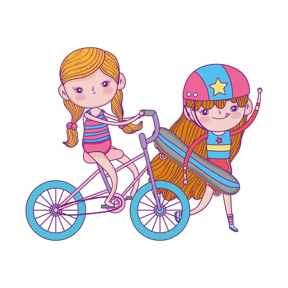 feliz día del niño, linda chica en patineta y bicicleta en el parque vector