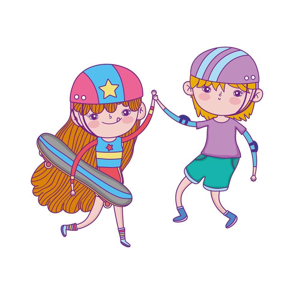 feliz día del niño, niño y niña con patineta y dibujos animados de protección de cascos vector