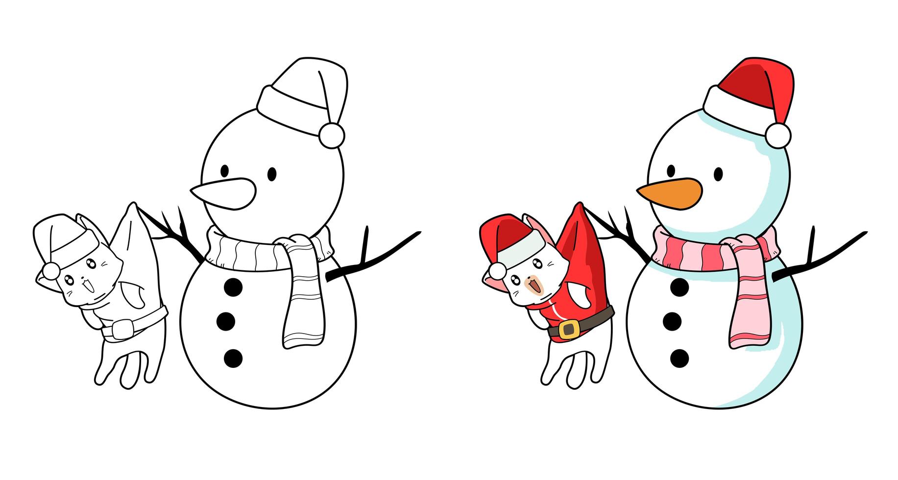 Santa cat and snowman cartoon coloring page for kids vector