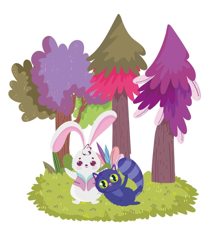 wonderland, rabbit and cat pine trees cartoon vector