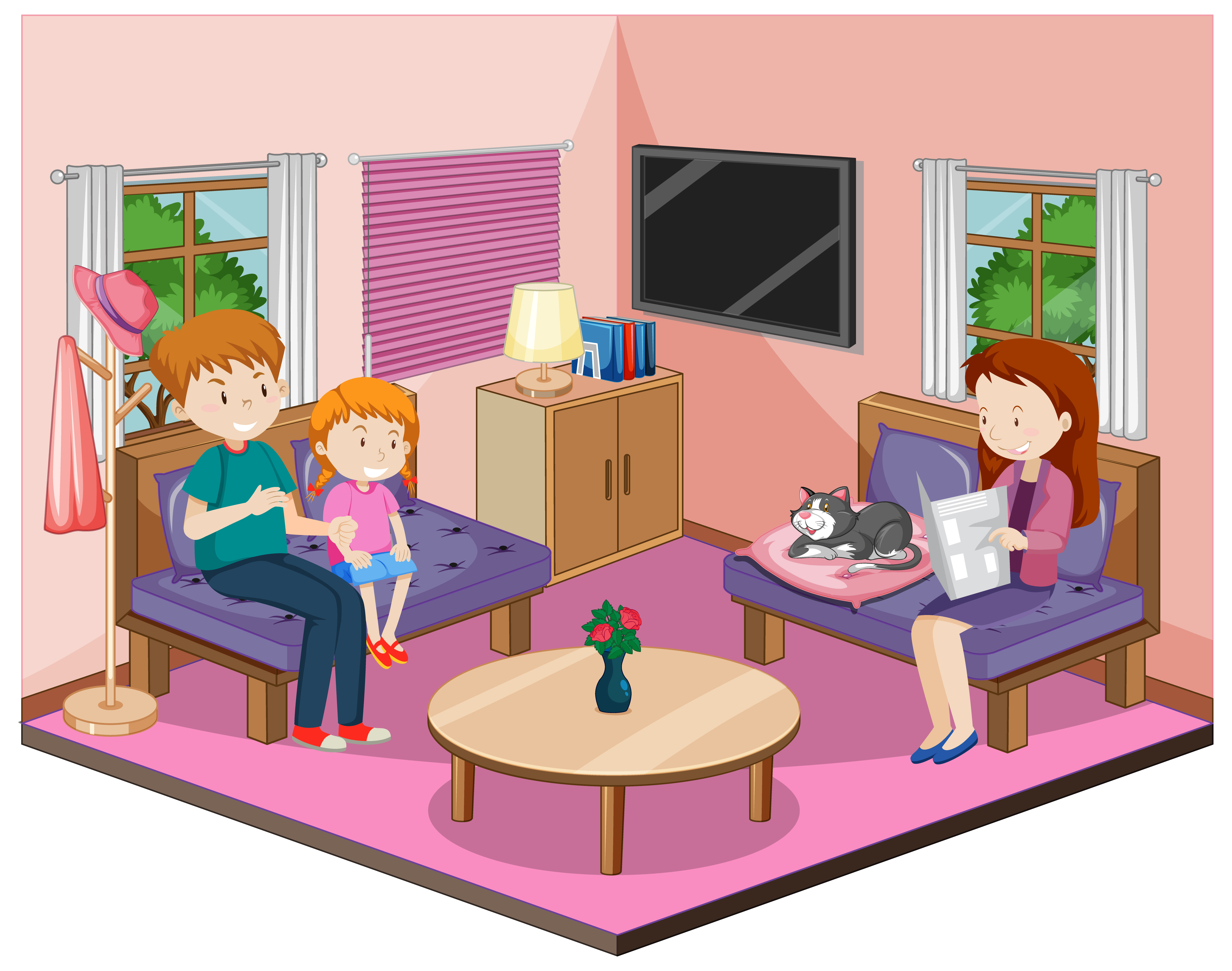 Happy family in the living room with furnitures in pink theme 1844827  Vector Art at Vecteezy