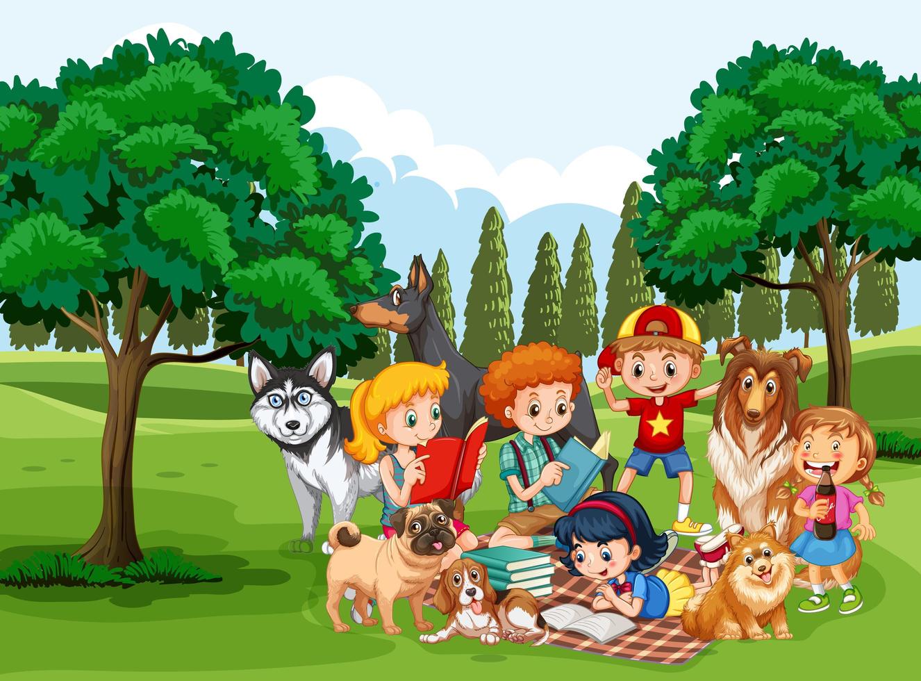 parque al aire libre con muchos niños y su mascota. vector