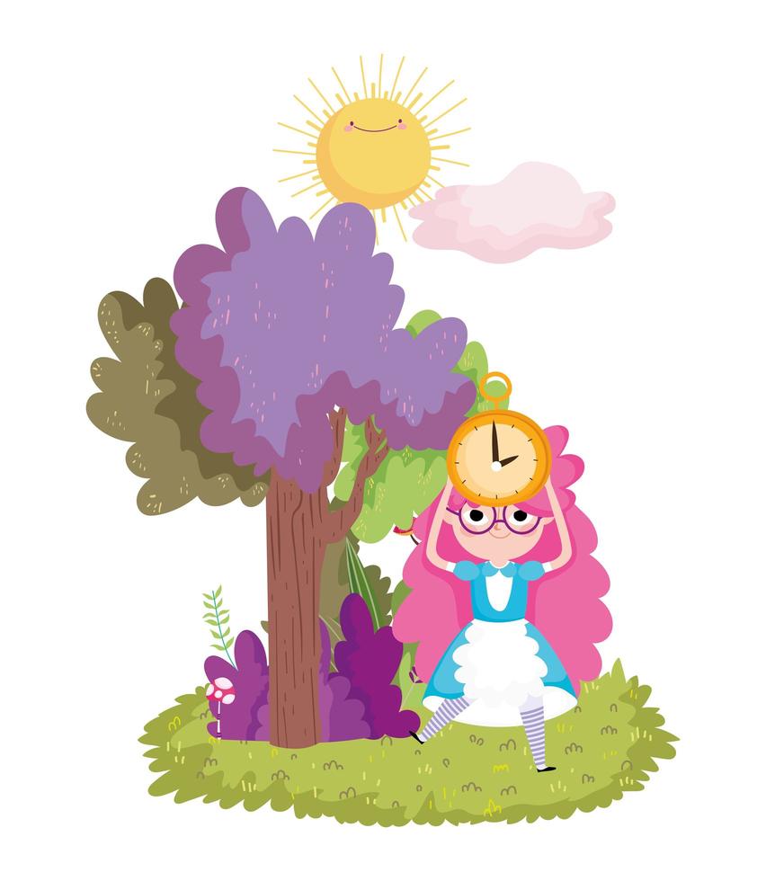 girl with clock tree sun clouds foliage in wonderland vector