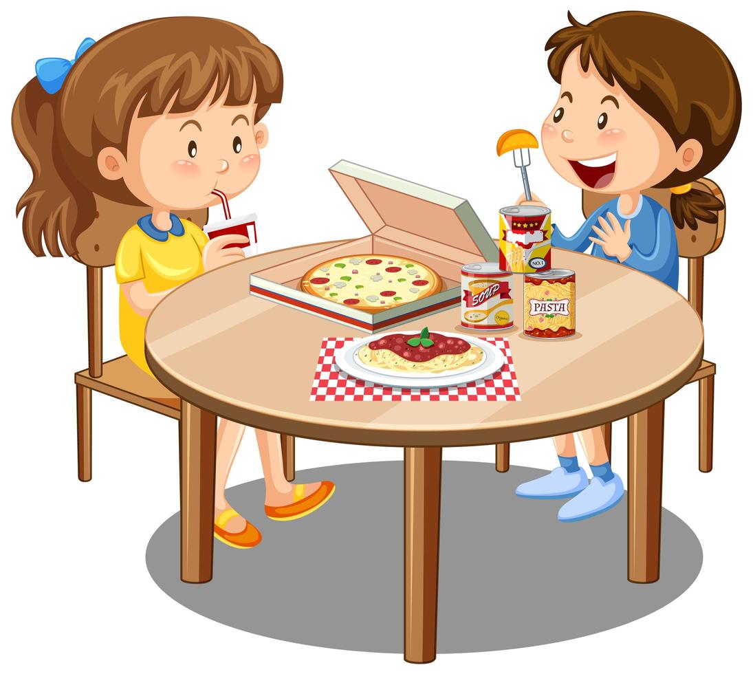 Dos linda chica disfrutan comiendo con comida en la mesa sobre fondo blanco. vector