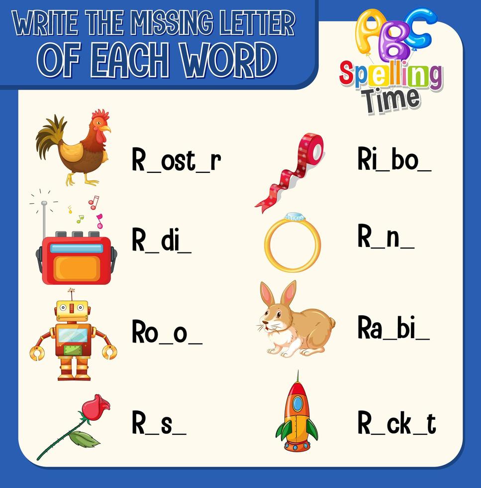 Write the missing letter of each word worksheet for children vector