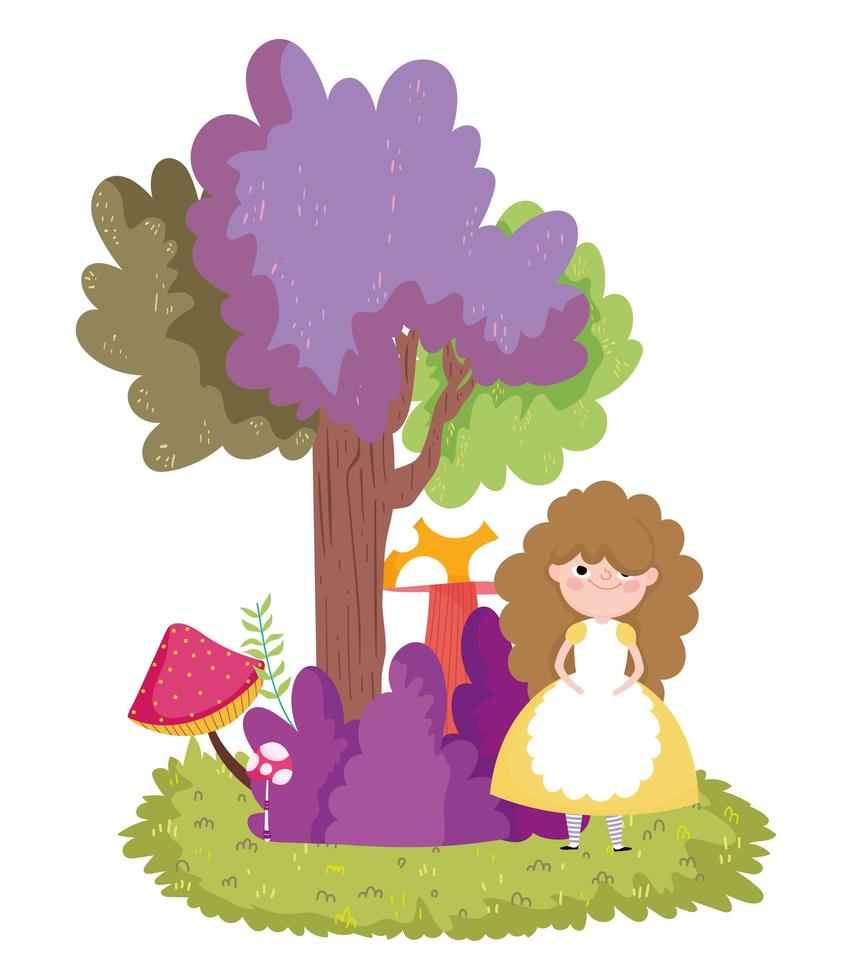 girl forest tree bush mushroom nature vector